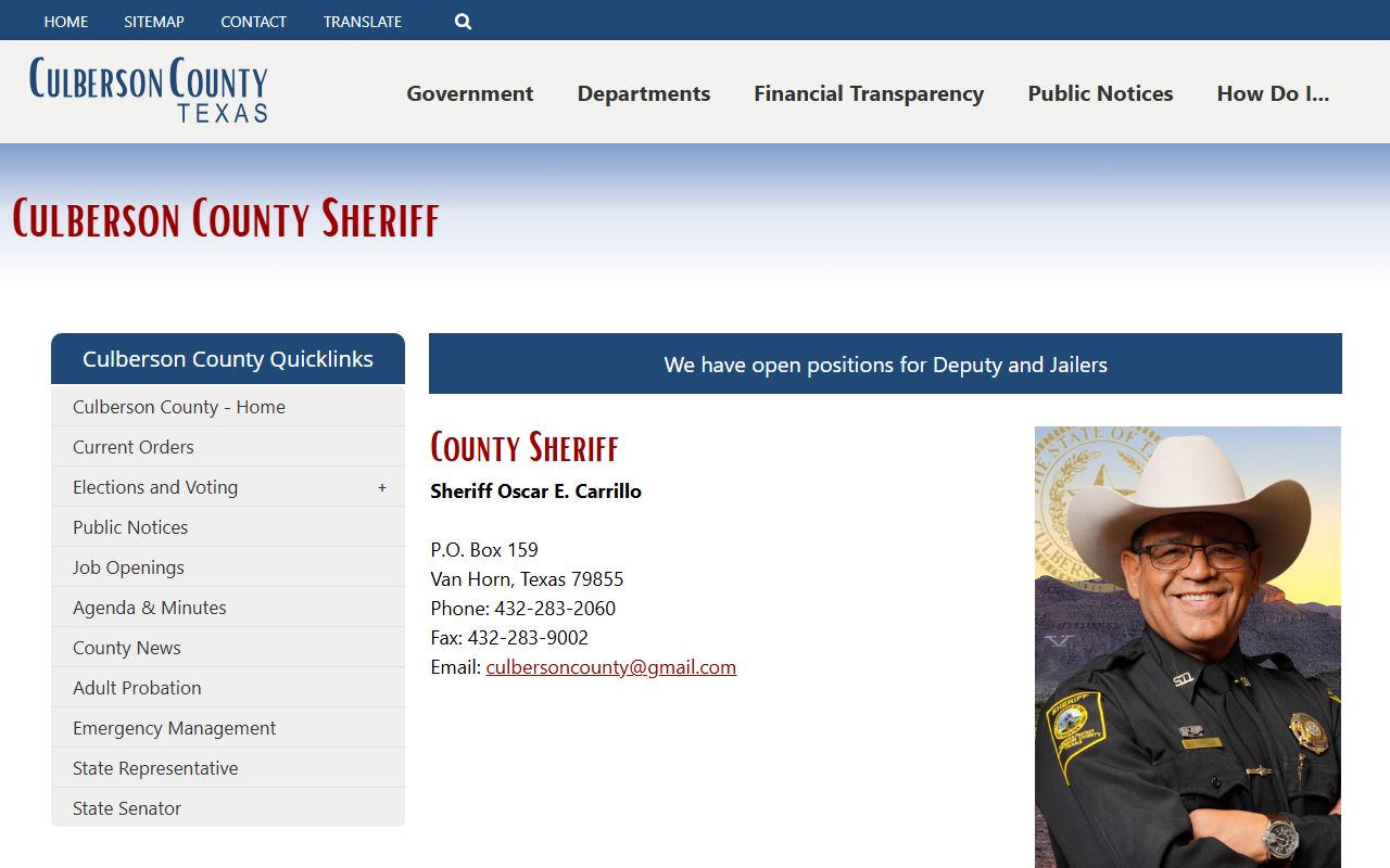 Culberson County inmate records sheriff page with jail contact details