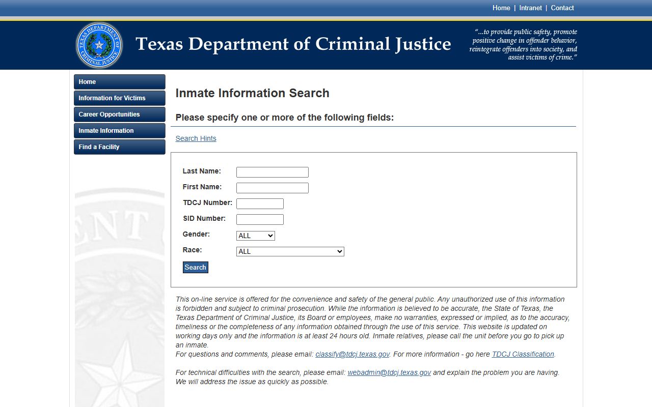 Culberson County inmate records TDCJ state prison search fields
